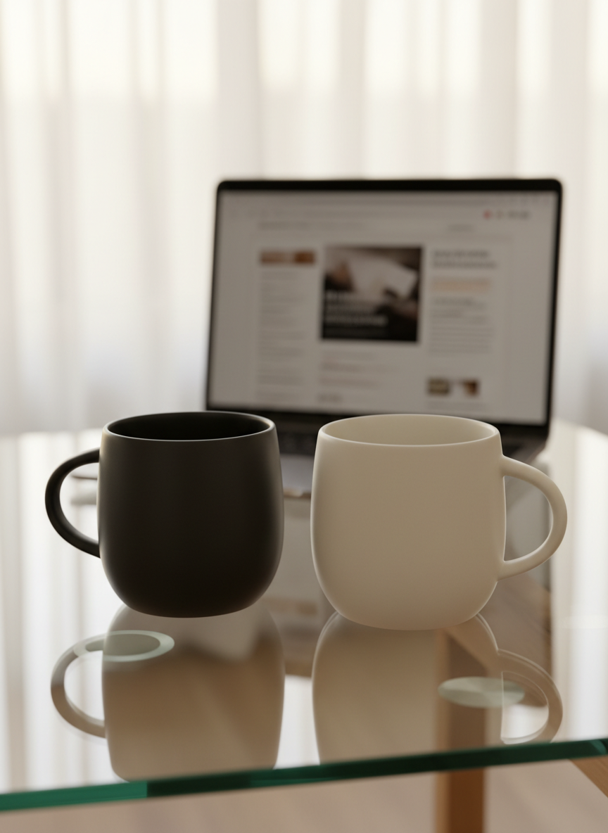 Two contrasting ceramic coffee mugs, one a matte ebony black and the other a pristine ivory white, sit side by side on a sleek glass coffee table. Each mug leaves a faint ring of condensation, their handles subtly turned toward each other as if in conversation. Behind them, an open laptop displays a blurred blog layout in soft neutral tones. Golden hour light streams through sheer curtains, casting long, warm reflections across the glass surface. Captured from a slightly elevated angle with rule-of-thirds composition, the mugs dominate the frame while the background falls into a gentle bokeh. The atmosphere is cozy and professional, evoking shared stories and everyday intimacy in a realistic, modern photographic style.