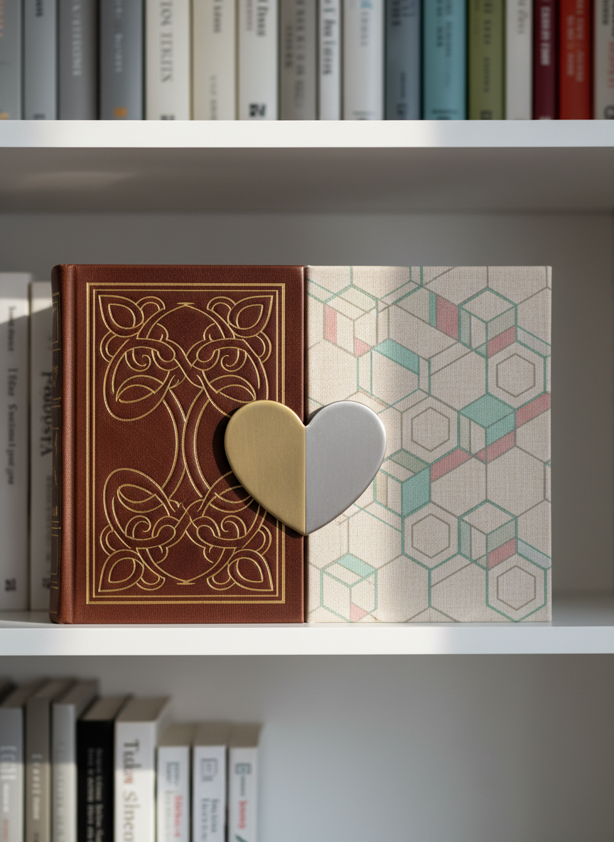 Two hardcover books with distinctly different cover designs lean against each other on a minimalist white bookshelf. One book has a rich, dark leather cover with embossed gold patterns, while the other features a light linen cover with a clean, contemporary geometric design in pastel tones. A subtle heart-shaped metal bookend, half in brass and half in brushed steel, keeps them together. Natural afternoon light from a nearby window creates soft gradients across the textures, highlighting their contrast yet connection. Shot straight-on at eye level with a medium depth of field, the background shelves blur slightly, filled with varied spines in muted colors. The mood is thoughtful, intellectual, and harmonious, rendered in crisp photographic realism suitable for a professional relationship blog.