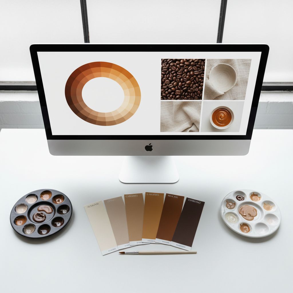 On a sleek white desk, a desktop screen displays a color wheel and mood board featuring harmonious tones ranging from deep chocolate browns to warm caramels and cool ivories. A set of paint swatches fan out in front of the monitor, each labeled with names like “almond,” “espresso,” “sand,” and “mocha.” Nearby, two ceramic color-mixing palettes—one dark, one light—hold tiny pools of blended paint. Cool, even daylight from a large studio window creates a balanced, shadow-free workspace. Captured from directly above in a flat-lay composition, every object is sharply defined. The scene feels professional, creative, and intentional, rendered in crisp photographic realism to symbolize the beauty of blending differences in a polished, design-focused context.