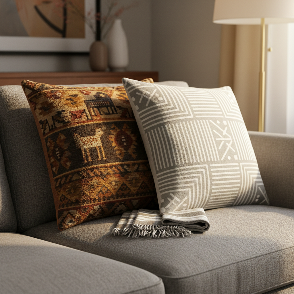 Two contrasting cushions rest against each other on a contemporary gray fabric sofa: one cushion features a bold, intricate tribal-inspired pattern in earthy browns and golds, while the other showcases a clean, Scandinavian-style design in crisp white and soft gray lines. Between them lies a small woven throw blanket blending both color palettes in subtle stripes. Warm ambient light from a floor lamp off-frame to the right creates gentle, directional illumination, accentuating the textures of the fabrics and casting soft shadows into the sofa’s seams. Shot from a slightly elevated, close-up perspective, the composition emphasizes the meeting point of the cushions. The atmosphere is inviting, domestic, and sophisticated, captured in realistic, lifestyle-inspired photography suitable for an interracial relationship blog’s interior detail shot.