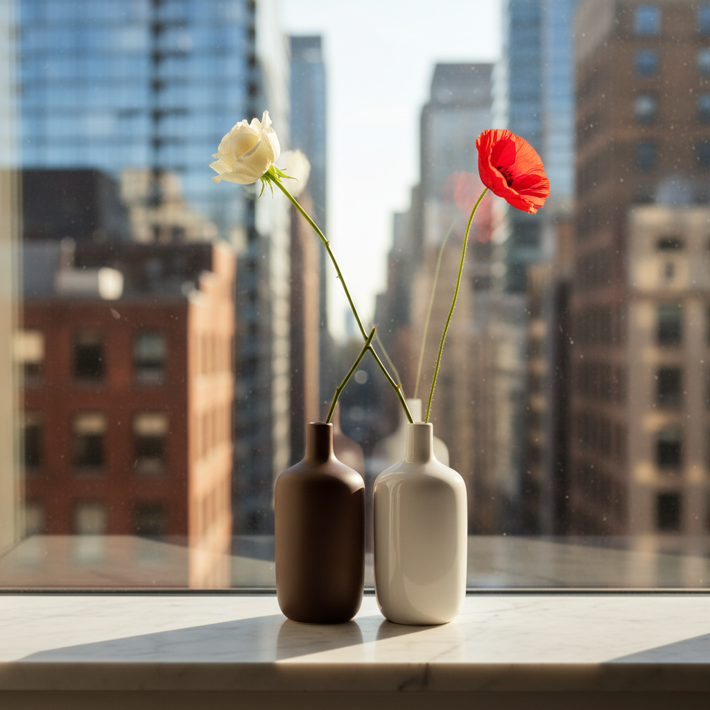 A pair of minimalist ceramic vases, one deep espresso brown and the other soft porcelain white, stand close together on a narrow marble windowsill. Each vase holds a single long-stemmed flower of a different variety, their stems crossing naturally as they rise. Outside the window, a blurred cityscape of diverse architectural styles provides a textured backdrop. Late afternoon sunlight filters through the glass, creating overlapping shadows of the vases and flowers on the marble, their shapes merging. Captured at a slight side angle with shallow depth of field, the vases are in crisp focus while the city softens into bokeh. The mood is elegant, symbolic, and quietly romantic, rendered in high-resolution photographic realism with a modern, editorial feel.
