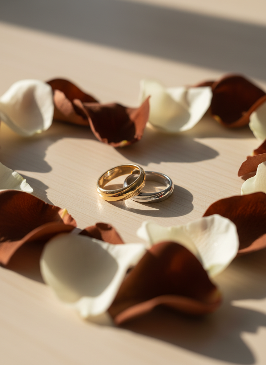A pair of intertwined wedding bands, one warm yellow gold and one cool white gold, rest together at the center of a smooth, pale wooden tabletop. Around them, a subtle heart shape is formed by scattered rose petals in a mix of deep brown and soft cream, symbolizing different backgrounds uniting. Soft morning sunlight pours in from an unseen window, creating delicate reflections on the polished metal and gentle shadows that converge. Shot at eye level with a shallow depth of field, the rings are in sharp focus while the petals blur softly. The mood is refined, professional, and celebratory, captured in clean photographic realism with a bright, modern aesthetic ideal for a relationship blog hero image.