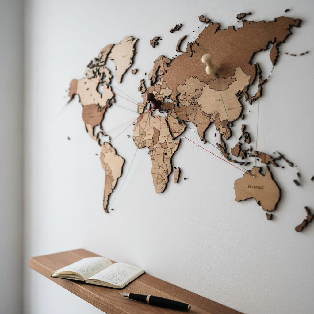A polished wooden world map panel mounted on a matte white wall features two pushpins, one dark mahogany and one ivory, connected by a thin red thread that crosses oceans and continents. Several other threads of complementary colors crisscross subtly in the background, suggesting many journeys and connections. A small, open notebook with neat handwriting rests on a nearby floating shelf beneath the map, alongside a black fountain pen. Soft, diffused overcast daylight enters from the left, eliminating harsh shadows and bathing the scene in a gentle, contemplative glow. Photographed from a three-quarter angle with asymmetric framing, the focus rests sharply on the intersecting pins. The mood is hopeful, global, and professional, in a clean, documentary-style photographic aesthetic.